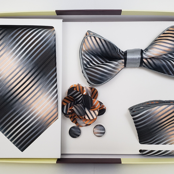 Grey Bow Tie & Necktie Bud Hanky Cuff Link Set
